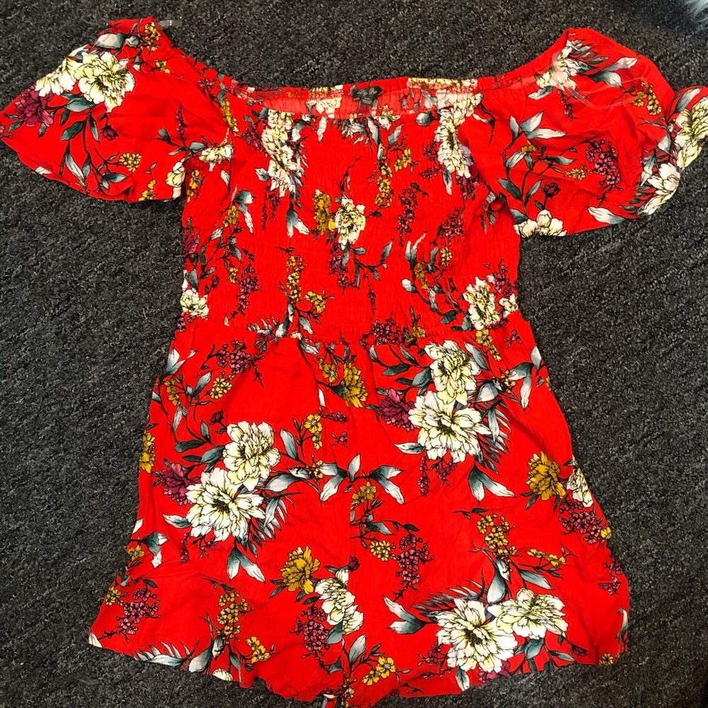 Red floral off the shoulder romper